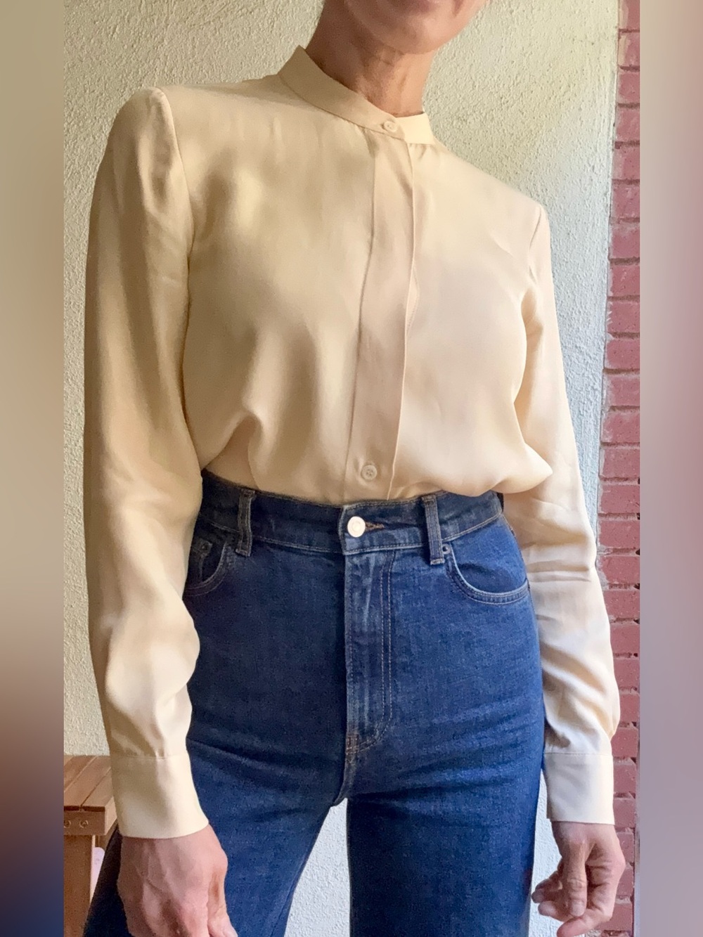 Zara Cream Mandarin Collar Button-Front Women's Blouse, Size Small